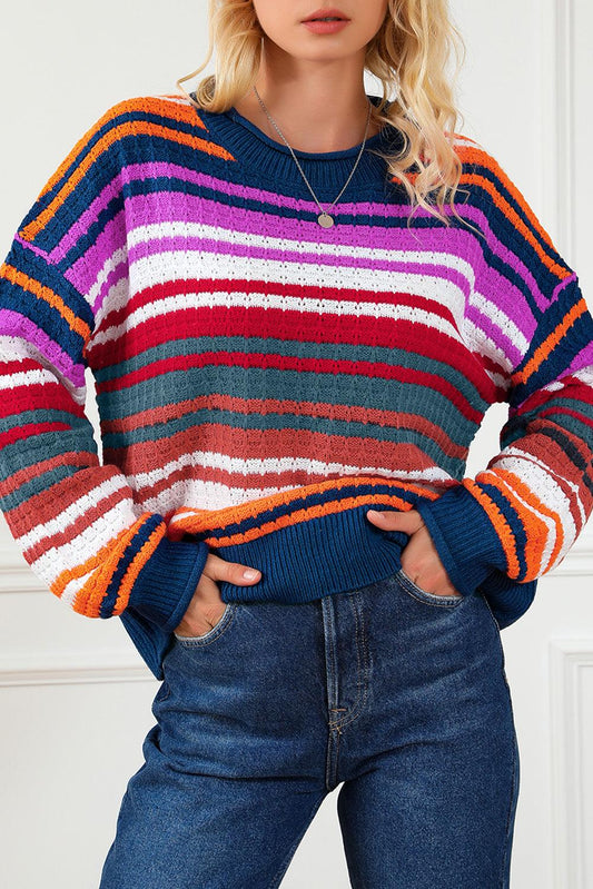 Stripe Boho Fashion Drop Shoulder Baggy Sweater - L & M Kee, LLC
