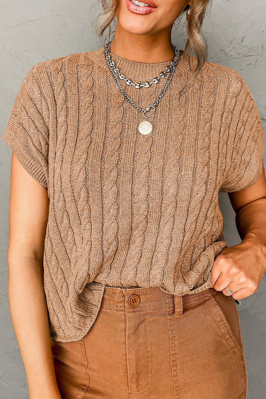 Light French Beige Crew Neck Cable Knit Short Sleeve Sweater - L & M Kee, LLC