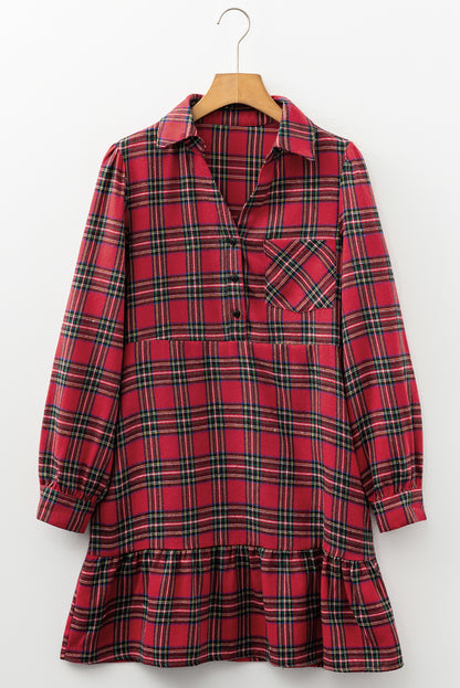 Red Plaid Shirt Collar Half Button Ruffle Hem Long Sleeve Mini Dress