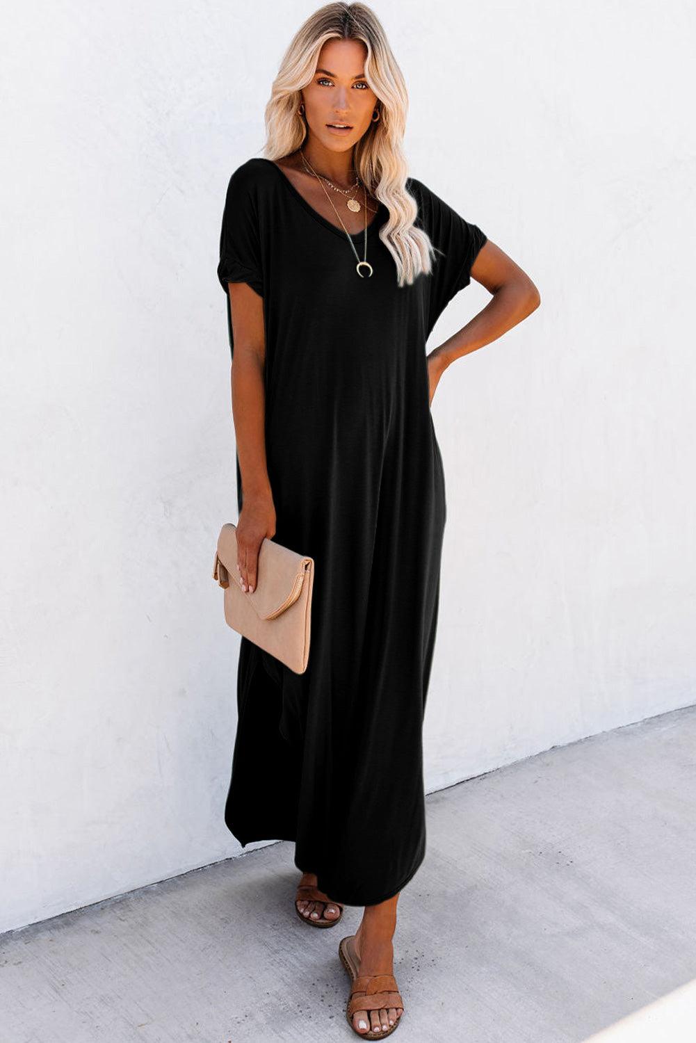 Black V Neck Hidden Pocket Splits Maxi T-shirt Dress - L & M Kee, LLC