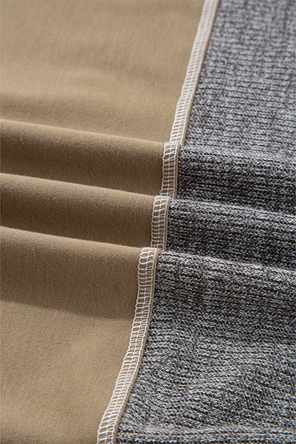 Jungle Green Mixed Texture Patchwork Exposed Seam Half Button Pullover Hooded Sweatshirt