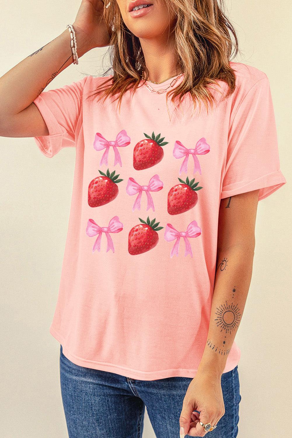 Pink Strawberry & Bowknot Graphic T Shirt - L & M Kee, LLC