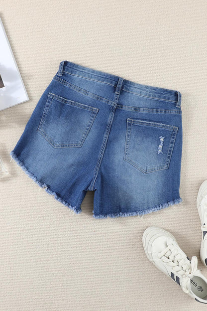 Dark Blue Frayed Hem Denim Shorts - L & M Kee, LLC