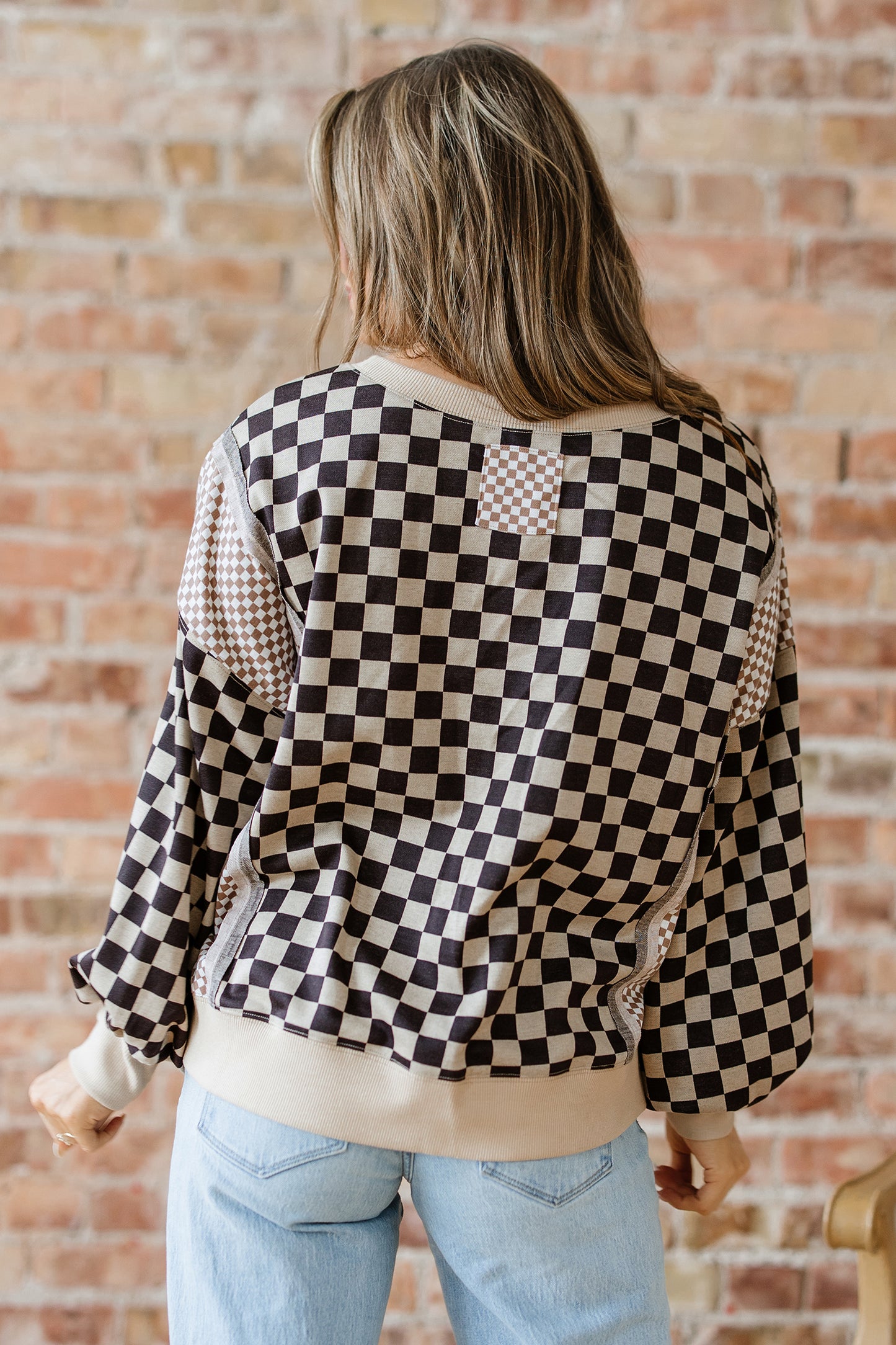 Khaki Mixed Checkered Pattern Patchwork High Low Casual Top