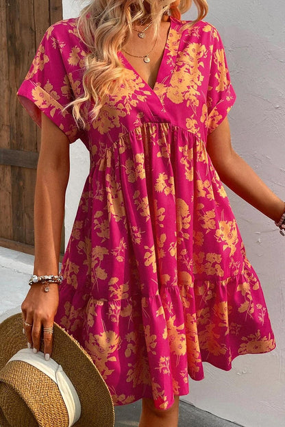 Rose Floral Print Batwing Sleeve Smock Dress - L & M Kee, LLC