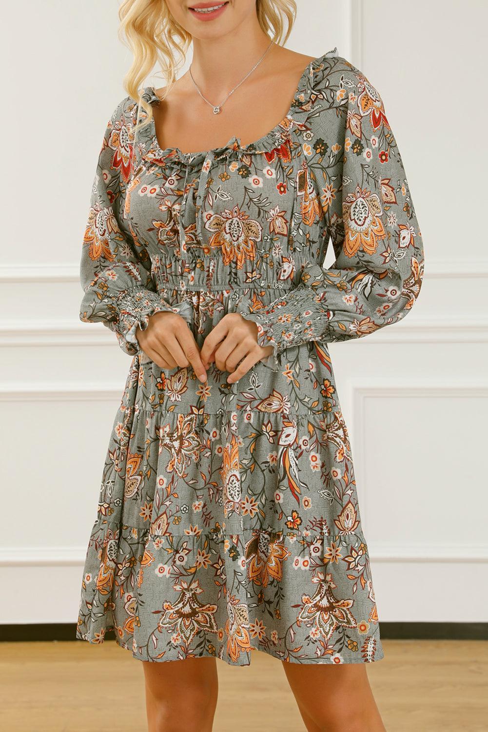 Multicolour Floral Long Sleeve Frilled U-Neck Ruffled Dress - L & M Kee, LLC