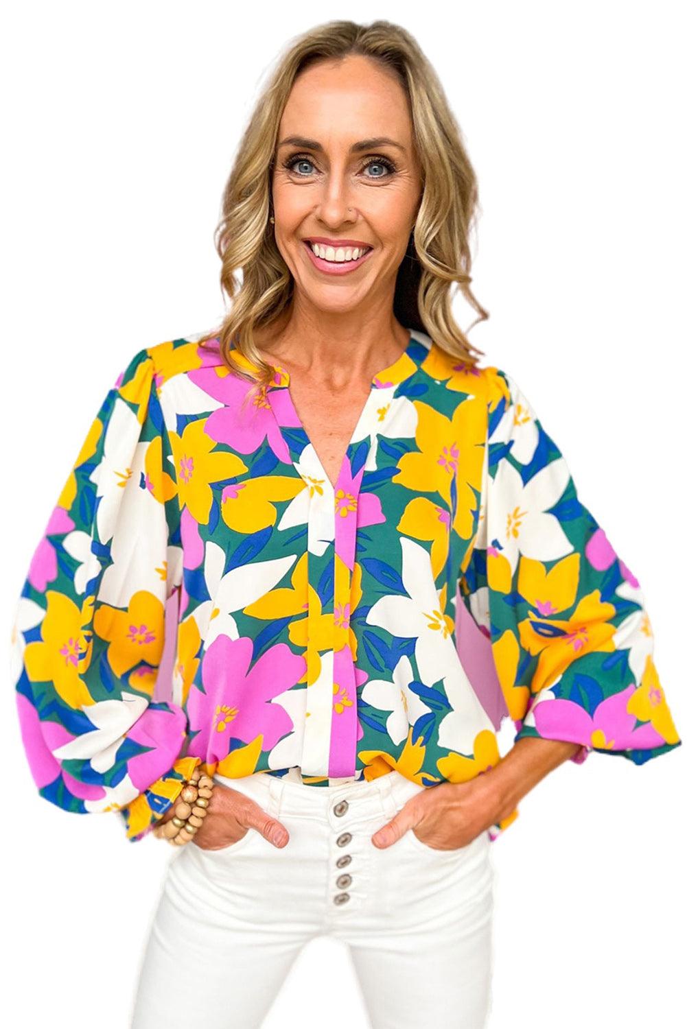 Multicolor Magenta Gold Floral V Neck Lantern Sleeve Blouse - L & M Kee, LLC