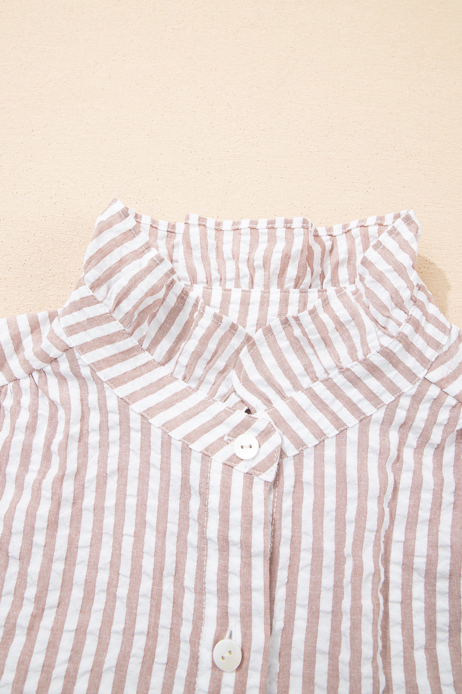 Khaki Stripe Frilled Collar Half Sleeve Shirt Maxi Dress