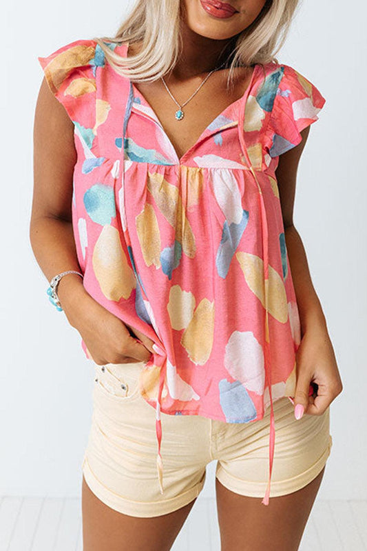 Splotches Pattern Ruffled Cap Sleeve Shift Top - L & M Kee, LLC