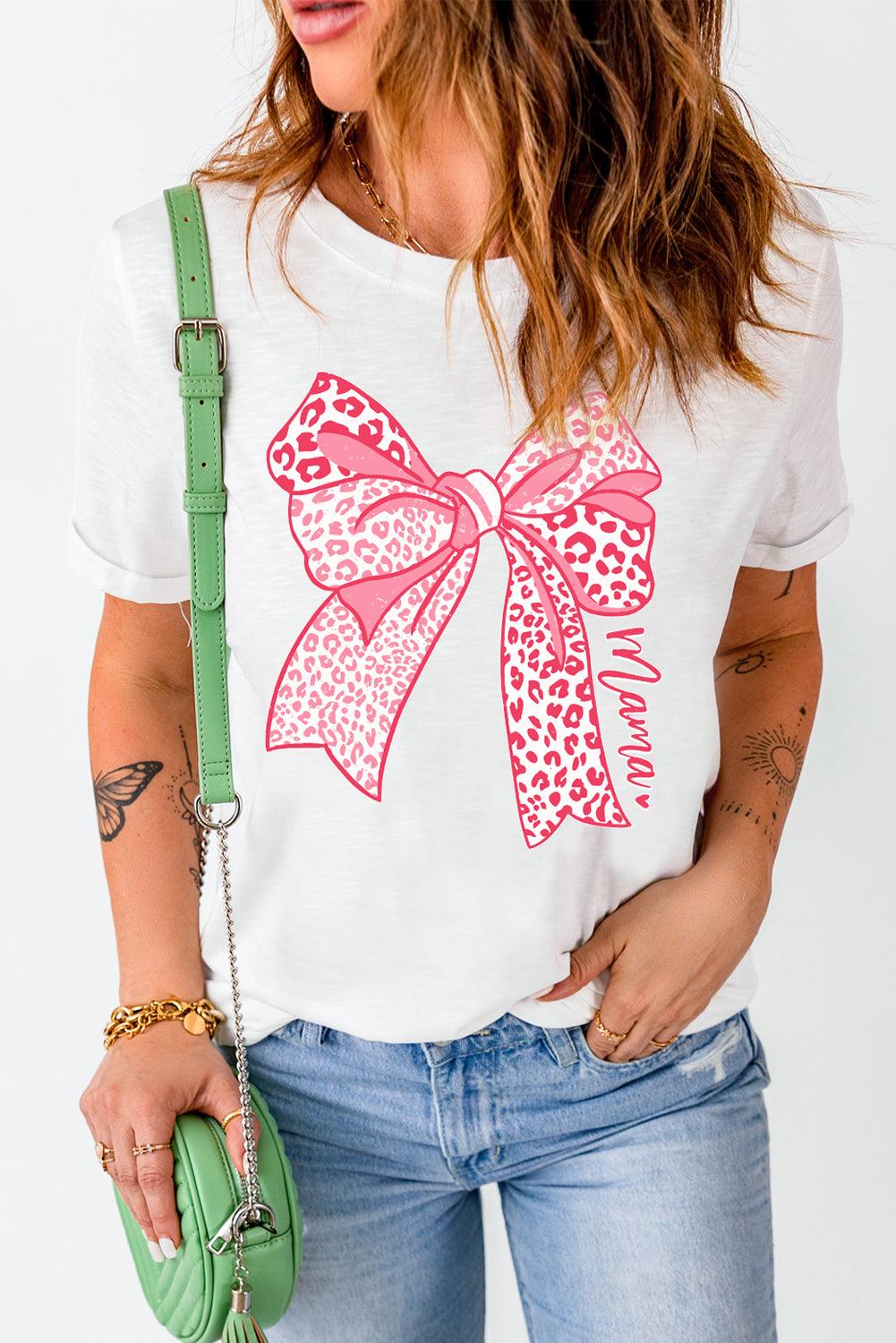 White Leopard Bow Graphic Mothers Day Fashion T Shirt - L & M Kee, LLC