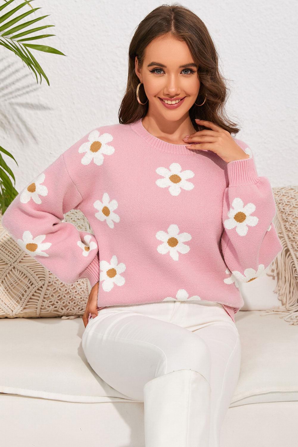 Pink Floral Pattern Drop Shoulder Sweater - L & M Kee, LLC