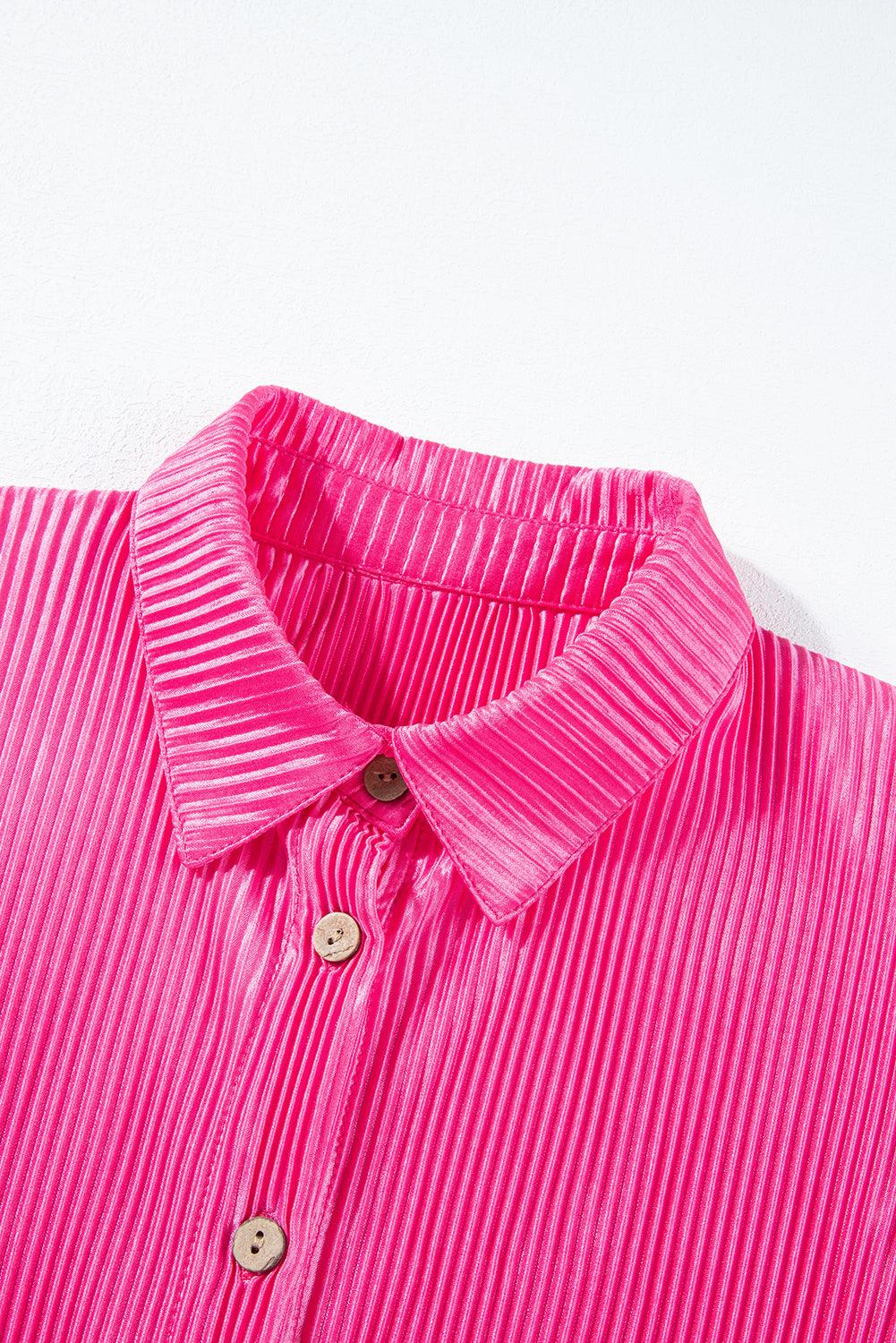 Bright Pink Satin Pleated Short Sleeve Shirt - L & M Kee, LLC