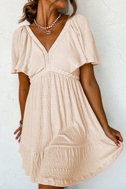 Beige Textured Deep V Neck Cutout Back Mini Dress - L & M Kee, LLC