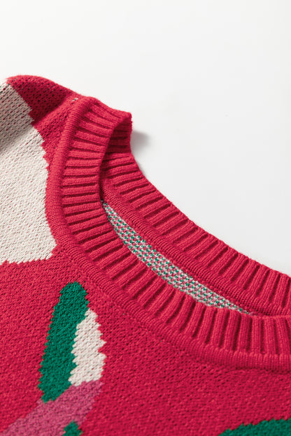 Red Floral Abstract Print Short Puff Sleeve Sweater