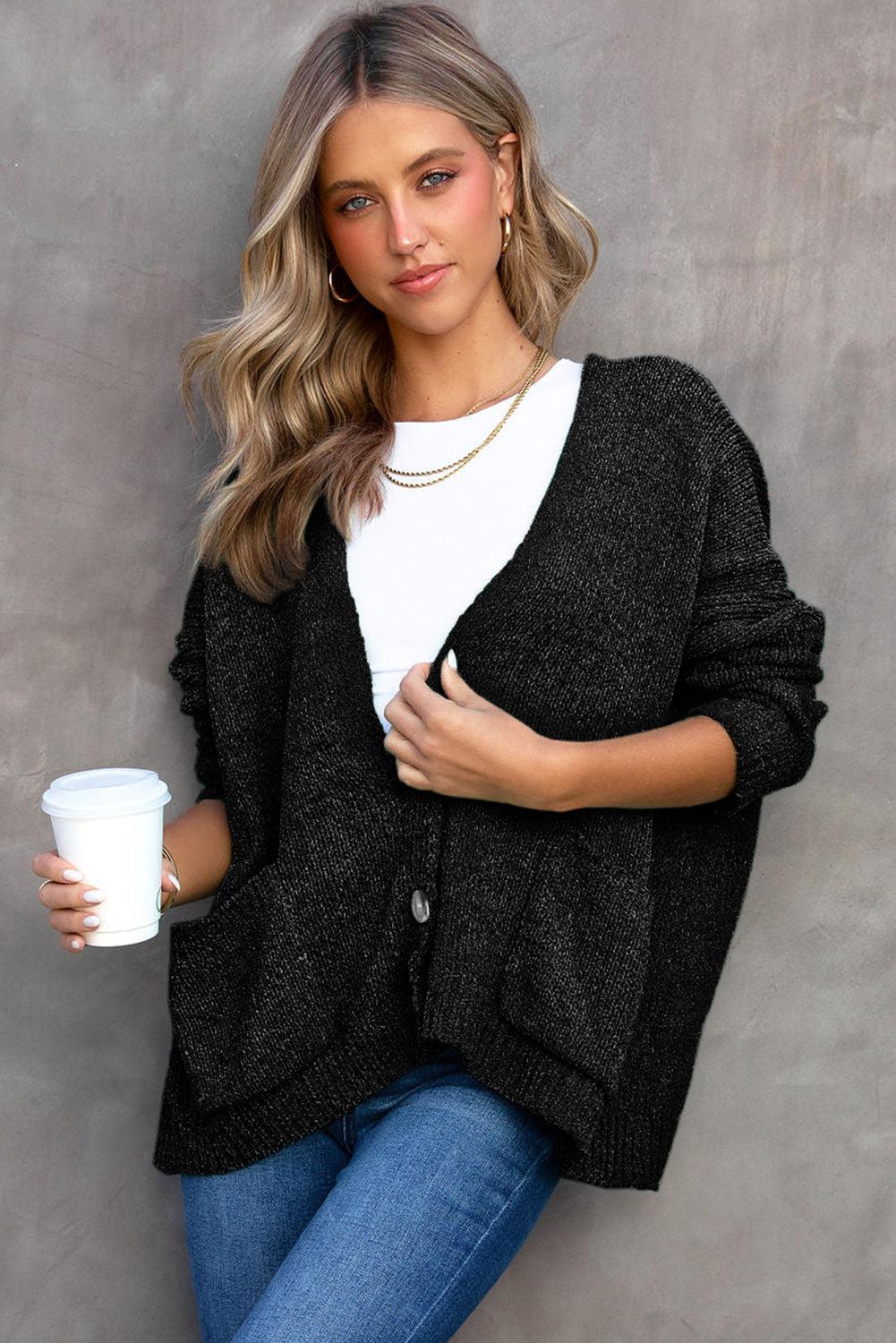 Gray Buttons Front Pocketed Sweater Cardigan - L & M Kee, LLC