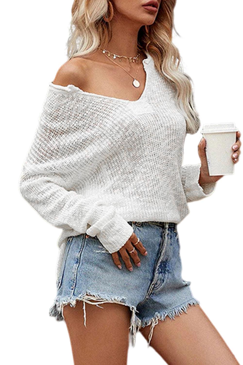 White Solid Color V Neck Side Split Sweater - L & M Kee, LLC