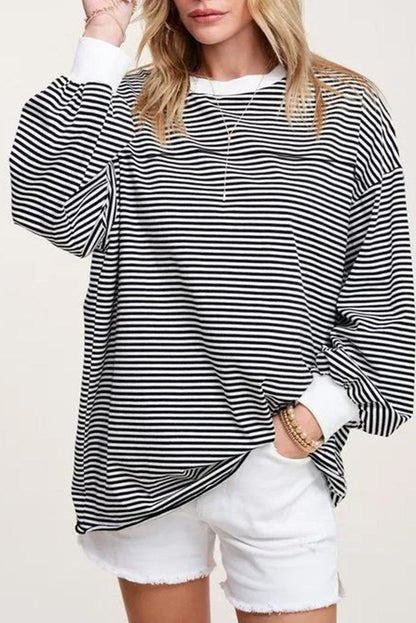 Striped Print Drop Shoulder Loose Sweatshirt - L & M Kee, LLC