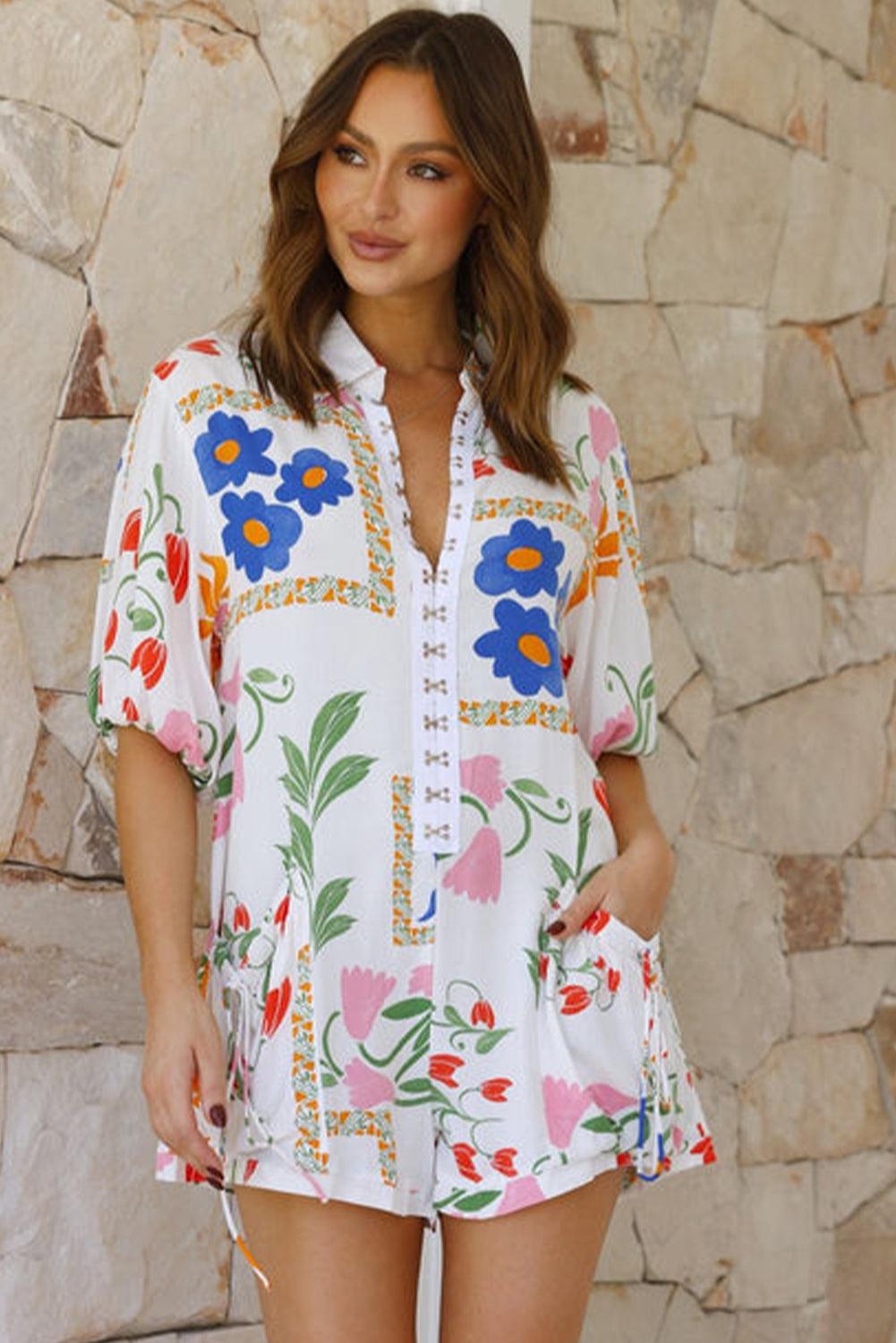 White Floral Print Split Neck Pocketed Shirt Collar Romper - L & M Kee, LLC