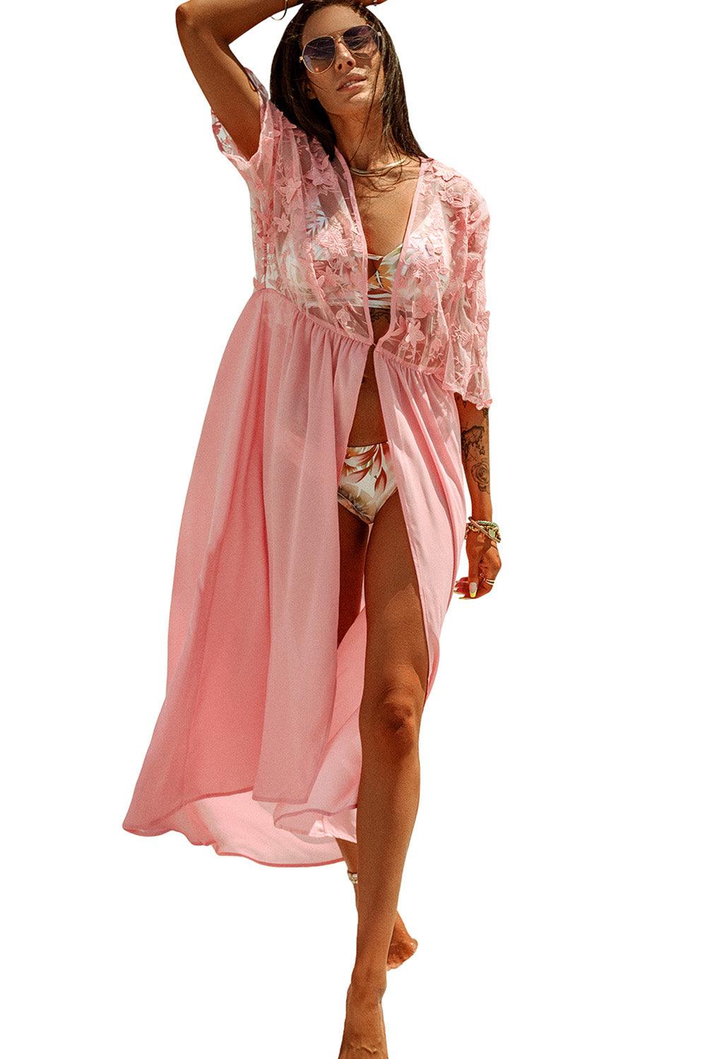 Pink Floral Mesh Lace Crochet Open Front Kimono - L & M Kee, LLC