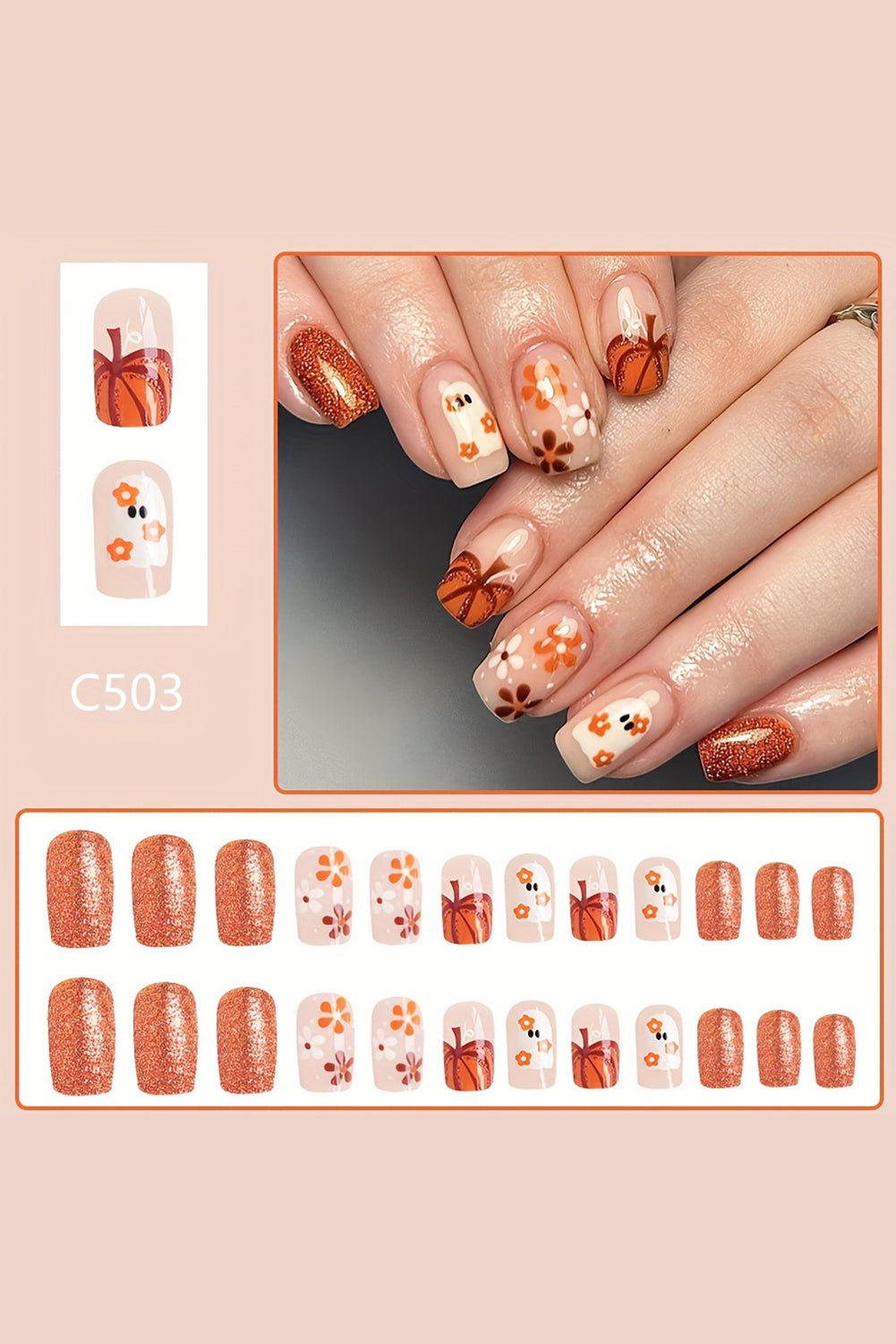 Orange Halloween Ghost Flower Glitter Square False Nail