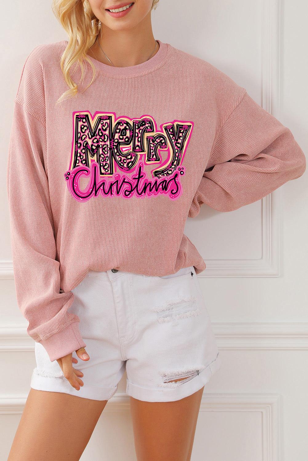 Pink Merry Christmas Letter Graphic Corded Sweatshirt - L & M Kee, LLC