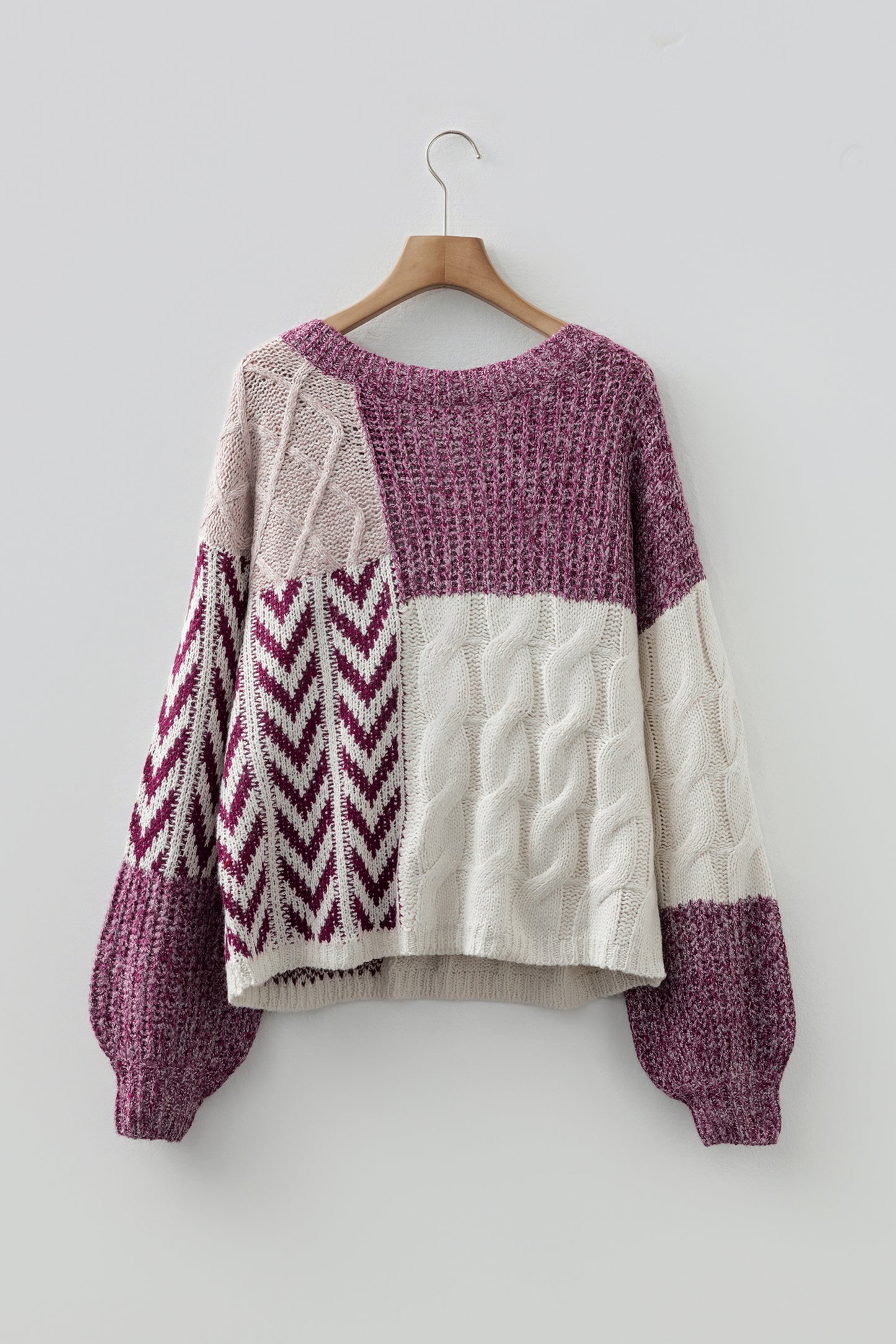 Purple Color Block Patchwork Knotted Back Loose Fit Sweater