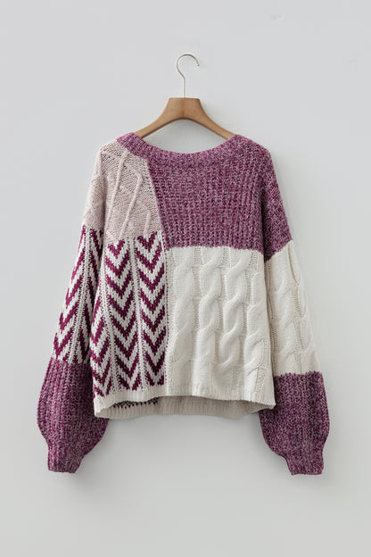 Purple Color Block Patchwork Knotted Back Loose Fit Sweater