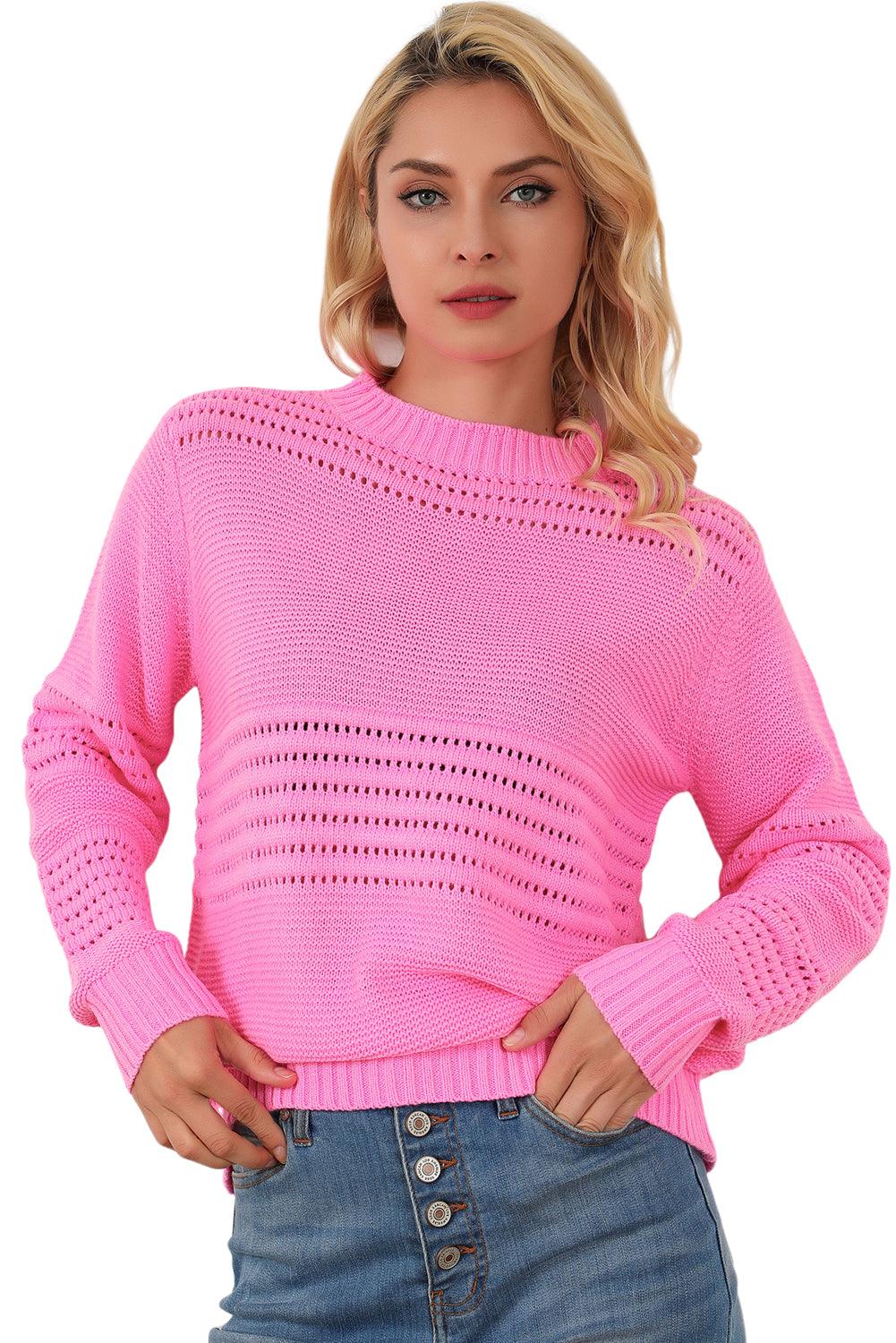 Pink Solid Color Cable Knit Eyelets Mock Neck Sweater - L & M Kee, LLC