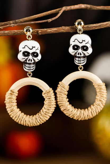 Light French Beige Halloween Skull Straw Ring Dangle Studded Earrings