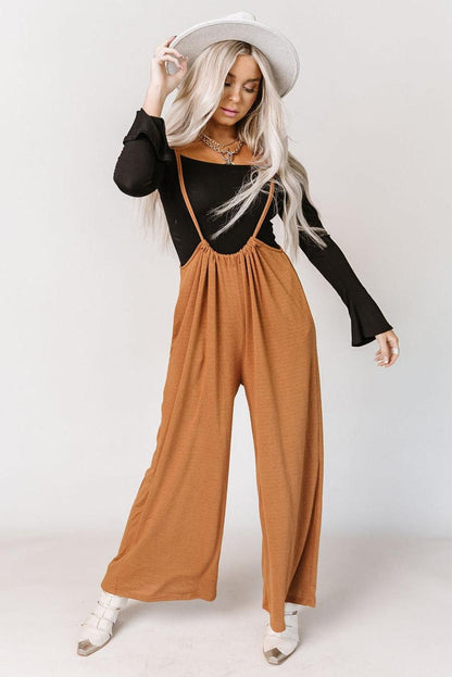 High Rise Wide Leg Suspender Pants - L & M Kee, LLC