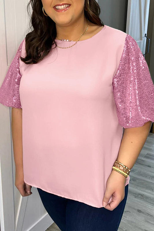 Pink Contrast Sequin Bubble Sleeve Plus Size T-shirt - L & M Kee, LLC