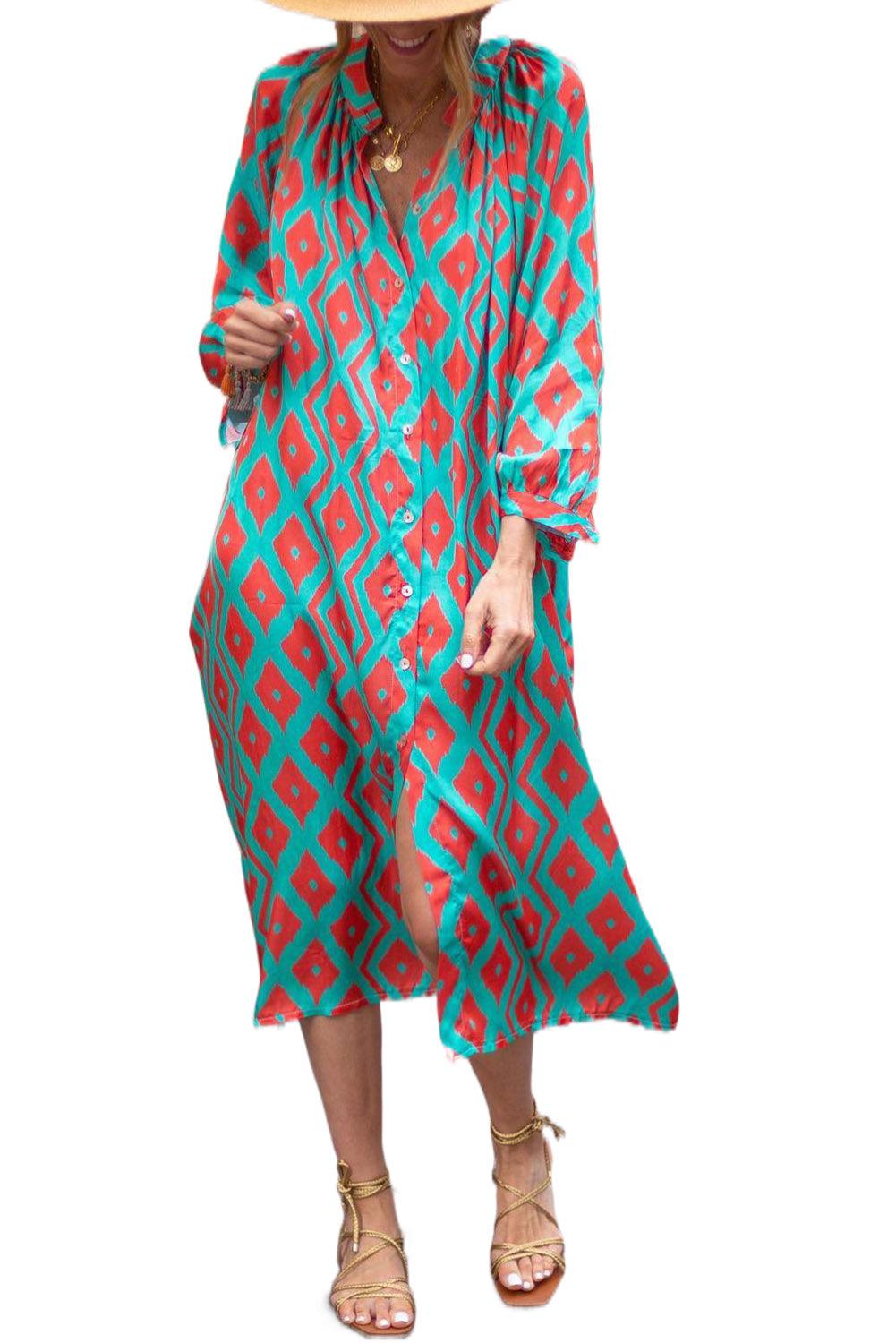 Western Geometric Print Split Buttoned Shirt Dress - L & M Kee, LLC