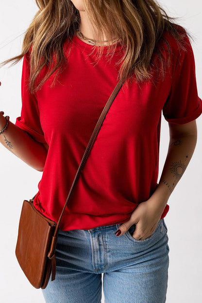 Red Solid Color Crew Neck Tee