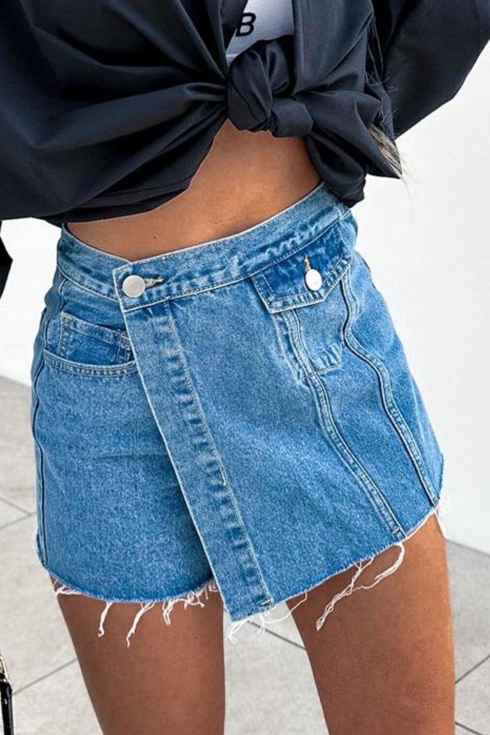 Sky Blue Button Wrap Over Raw Hem Denim Shorts - L & M Kee, LLC