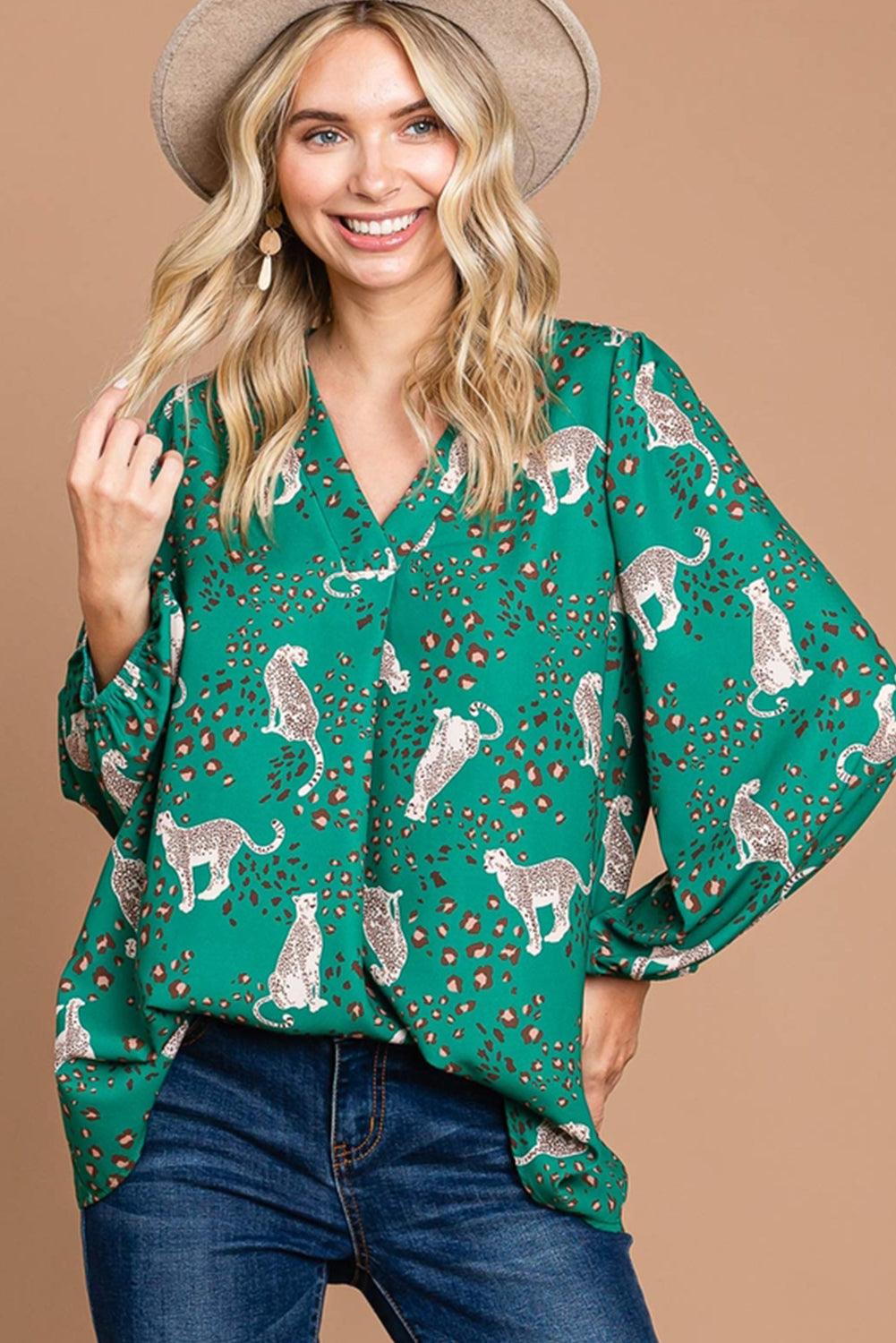 Green Printed Cheetah Print V Neck Flowy Blouse - L & M Kee, LLC