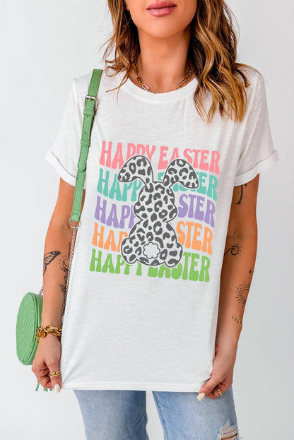 White Happy Easter Rabbit Print Crew Neck T Shirt - L & M Kee, LLC