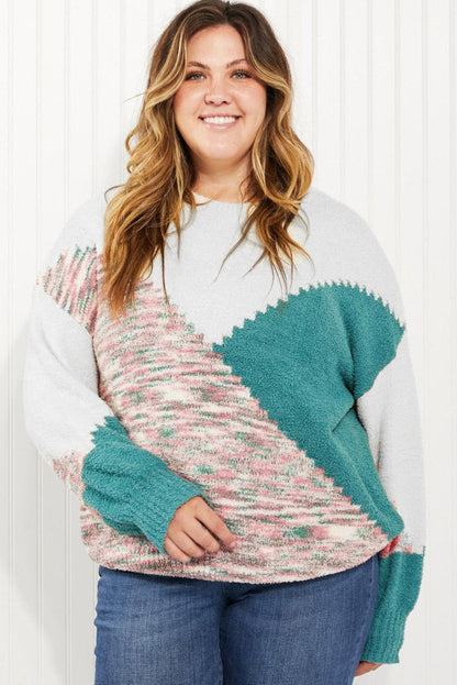 Multicolor Scalloped Color Block Plus Size Sweater - L & M Kee, LLC