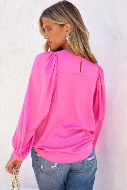 Satin Puff Long Sleeve Crewneck Blouse - L & M Kee, LLC