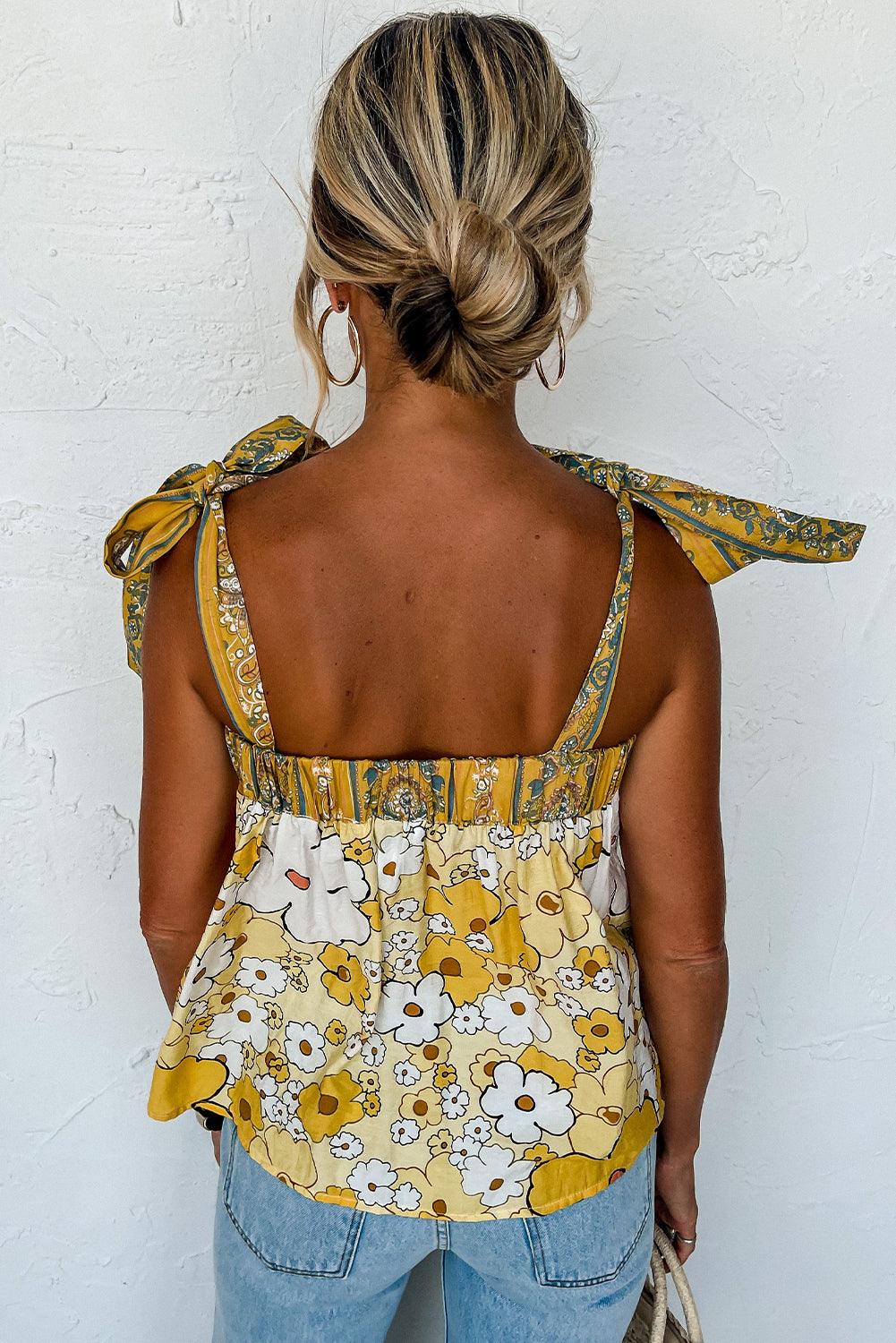 Yellow Floral Patchwork Tied Straps Buttoned Tank Top - L & M Kee, LLC