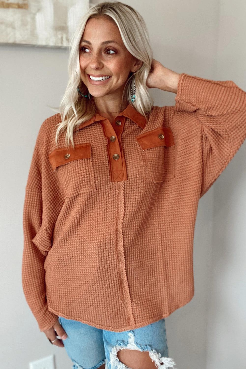 Waffle Knit Button Contrast Trim Long Sleeve Top - L & M Kee, LLC