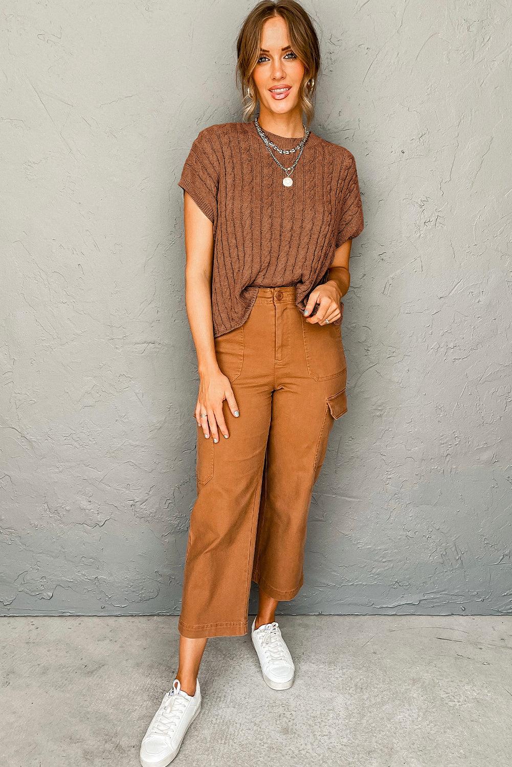 Chestnut Crew Neck Cable Knit Short Sleeve Sweater - L & M Kee, LLC