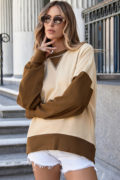 Parchment Color Block Thumbhole Sleeve Drop Shoulder Sweatshirt