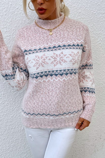 Light Pink Retro Snowflake Pattern Mock Neck Fuzzy Sweater