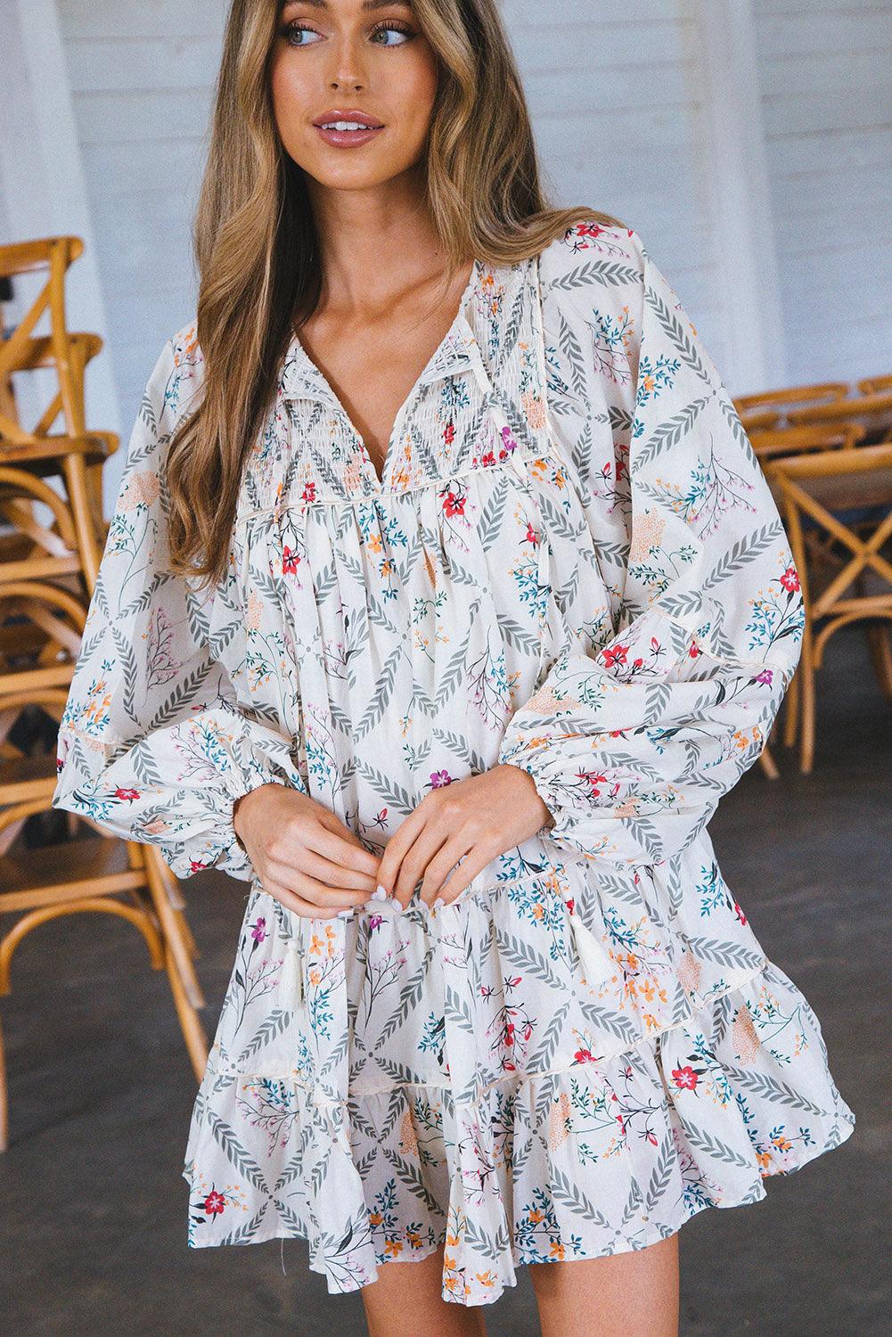 White Tassel Tie Split Neck Boho Floral Ruffle Dress - L & M Kee, LLC