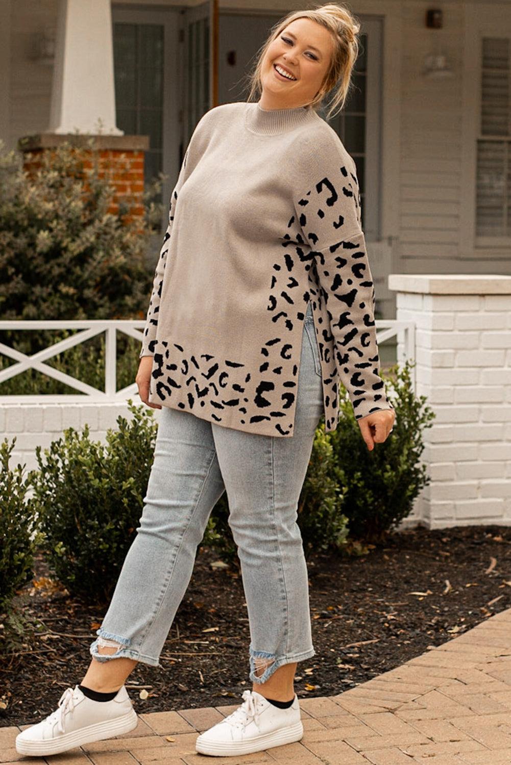 Khaki Leopard High Neck Side Slit Oversized Sweater - L & M Kee, LLC