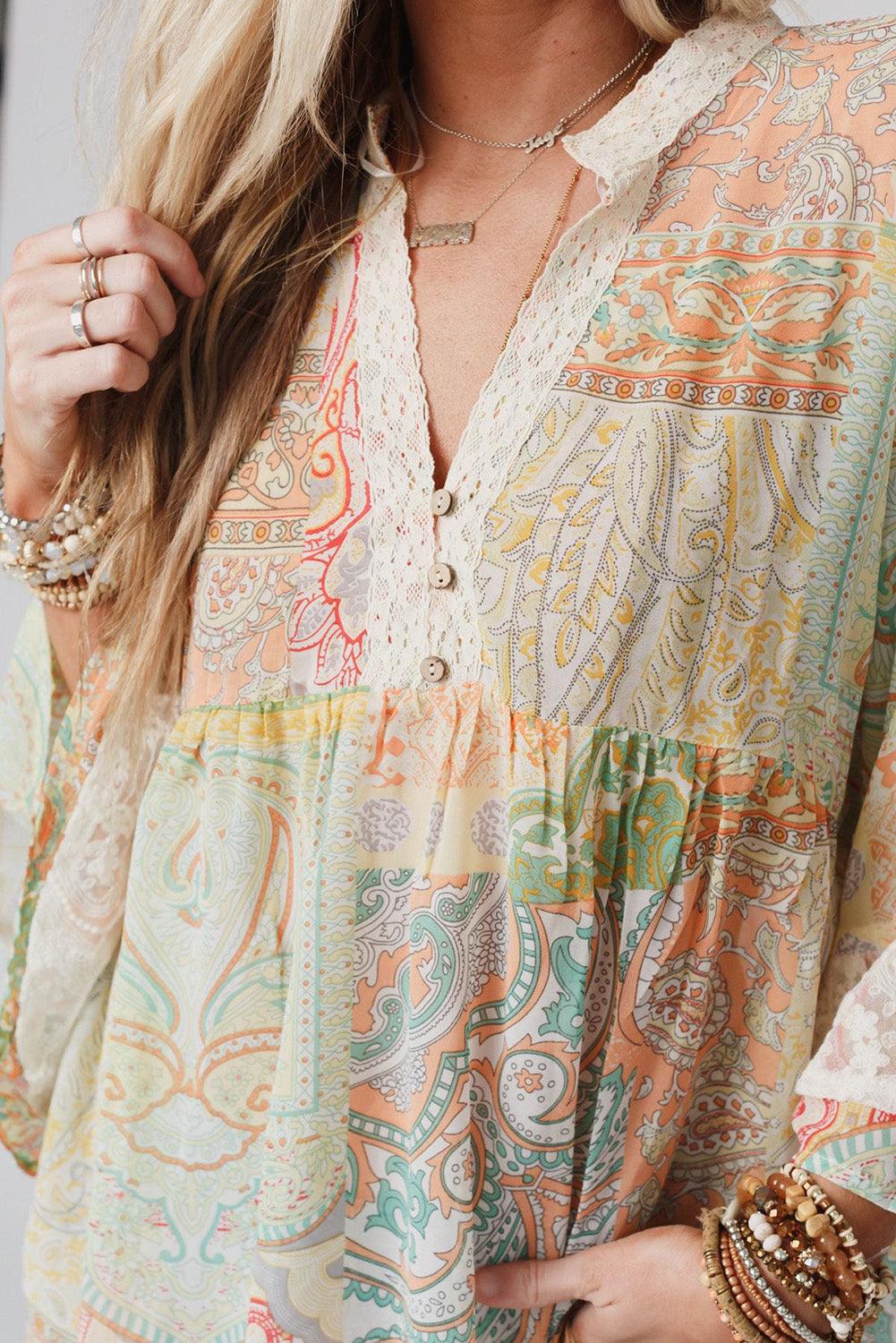 Multicolor Paisley Print Bell Sleeve Lace V-Neck Button Sheer Blouse