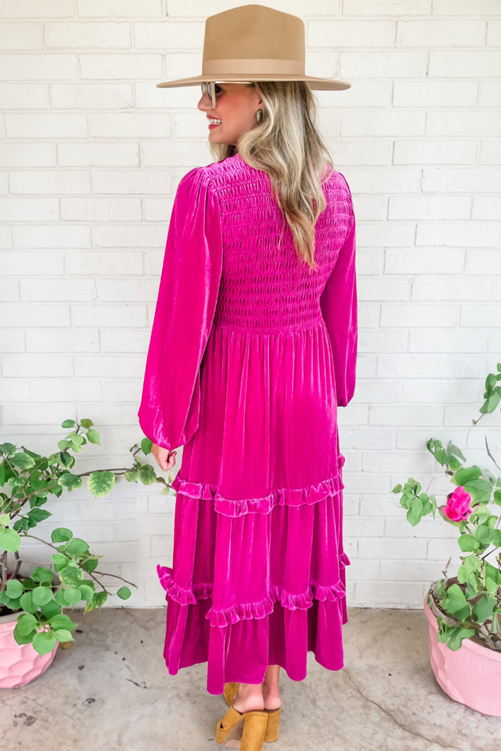 Rose Red Shirred V Neck Tiered Ruffled Velvet Plus Size Maxi Dress