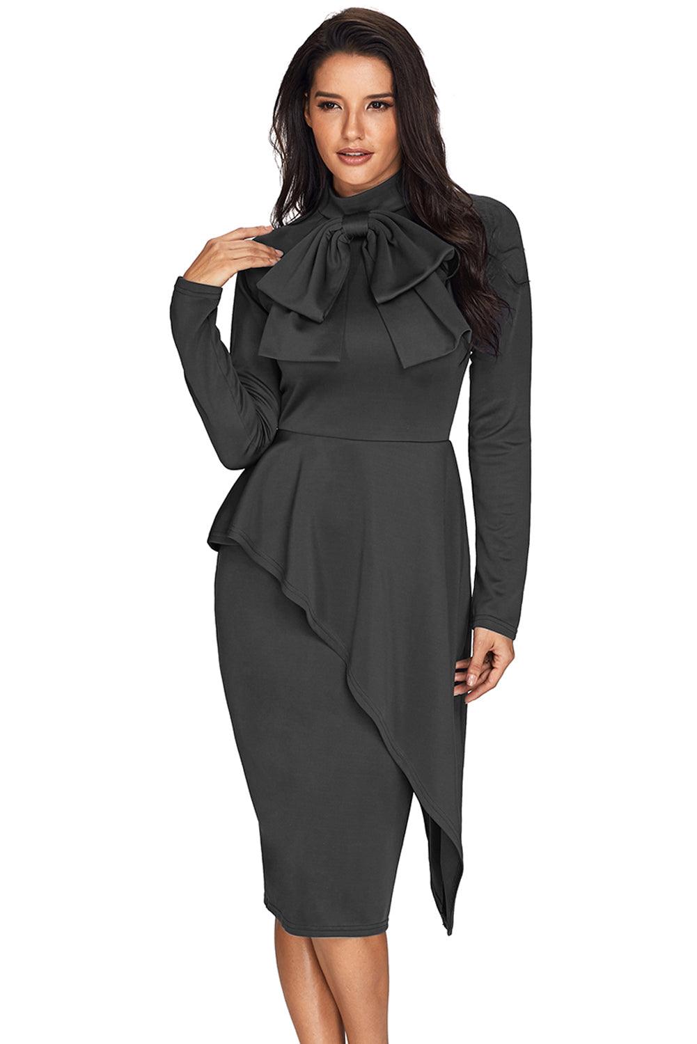 Grey Asymmetric Peplum Style Pussy Bow Dress - L & M Kee, LLC