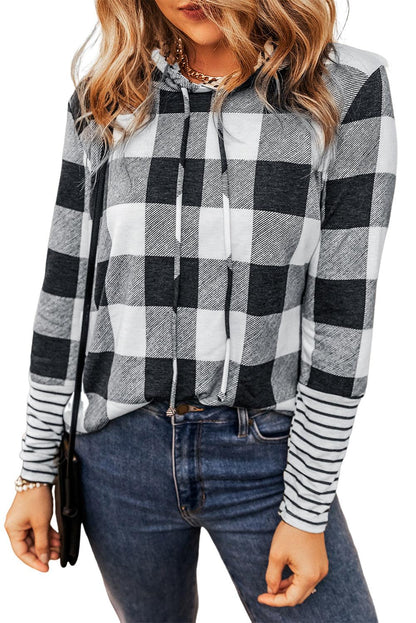 Multicolour Plaid Striped Patchwork Drawstring Hoodie - L & M Kee, LLC