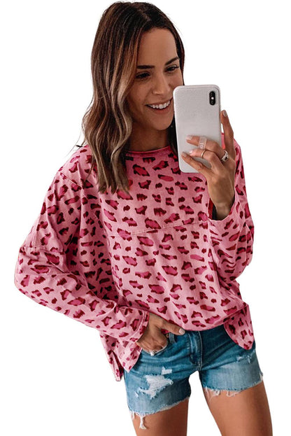 Leopard Animal Print Stitching Loose Long Sleeve Top - L & M Kee, LLC